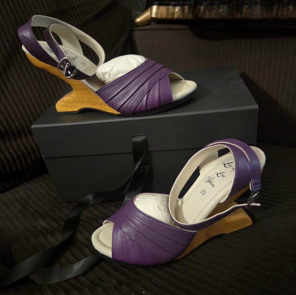 Lucky Lou Bang Purple Leather Boom Wedge Wood Heel Strap Sandal Nib Pinup 10 - Picture 4 of 11